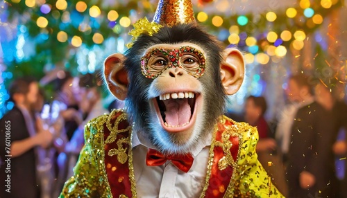Happy joyful monkey dressed in a suit at a party. Funny cute animal laughing and smiling. Illustration of joy, fun and birthdays.