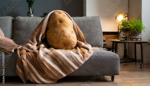 Lazy couch potato. Funny image of laziness or depression. TV binging stationary lifestyle. photo