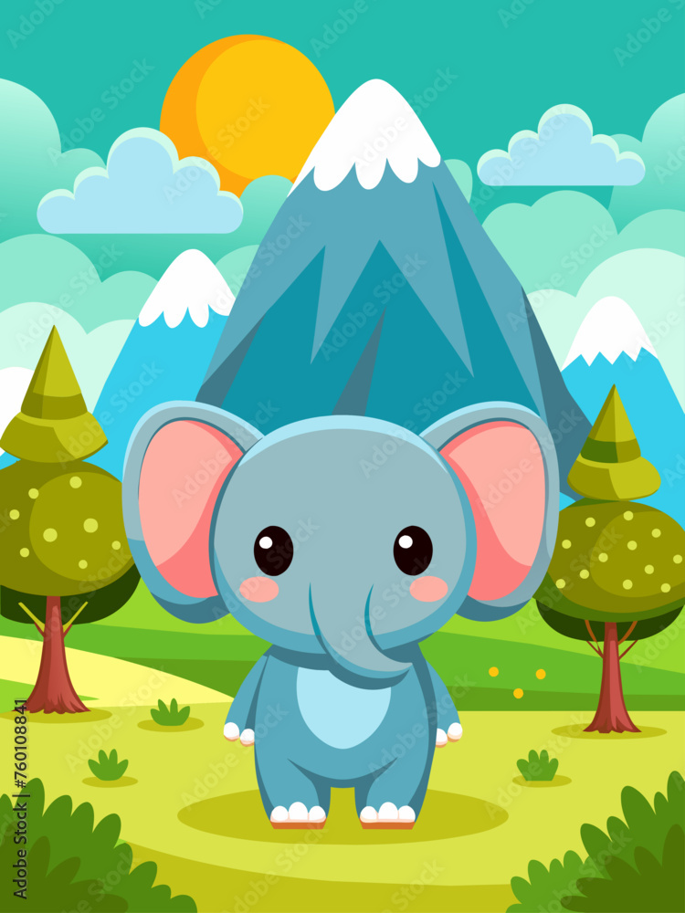 A cute elephant is posing against a scenic landscape background. A cute elephant is posing against a scenic landscape background.