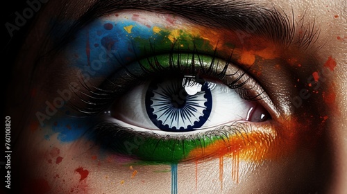 An intense close-up of a human eye with makeup in the colors of the Indian flag representing vision and patriotism