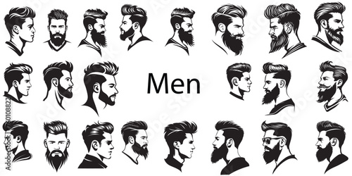 Fototapeta Naklejka Na Ścianę i Meble -  Vector set of human men faces for logo barbers, bikers, bussiness