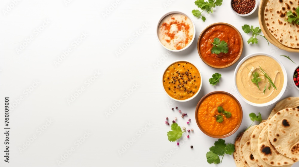 Indian cuisine spread includes diverse dishes, naan bread and accompaniments with a clean white backdrop