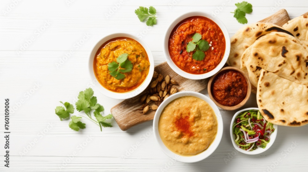 An enticing array of Indian food meticulously plated with spices and condiments adding to the appeal An enticing array of Indian food meticulously plated with spices and condiments adding to the appeal