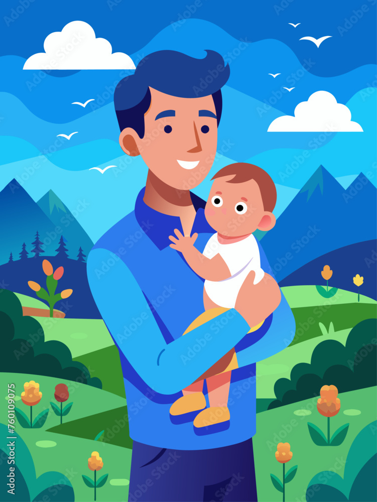 A father beams with pride as he holds his newborn baby amidst a serene blue meadow