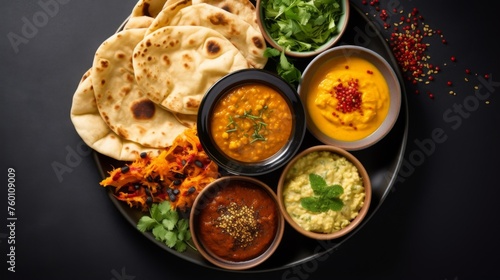 A vibrant display of various Indian dishes, including curries and flatbread, aesthetically arranged on a dark, elegant background