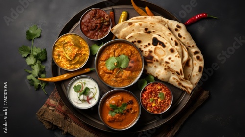 A delicious variety of Indian dishes including curry and naan bread tastefully presented in a dark, elegant setting