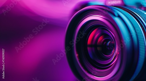 Close up of black camera lens in purple neon purple background