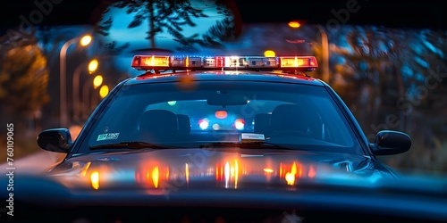 Police car with flashing lights in rearview mirror during traffic stop. Concept Traffic Stop, Police Car, Rearview Mirror, Flashing Lights, Law Enforcement