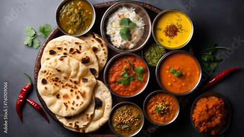 A beautifully arranged traditional Indian feast with multiple aromatic dishes and fluffy naan bread on a dark background