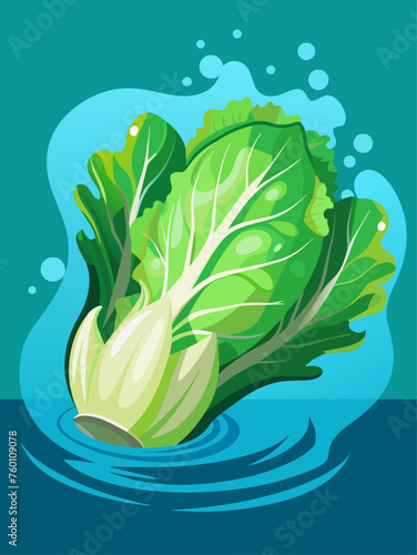 Vibrant escarole vegetable rests on a water background, its green leaves glistening with freshness.