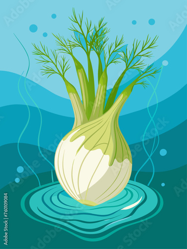 Fennel vegetable floats on a watery background, showcasing its feathery texture and crisp green hue.
