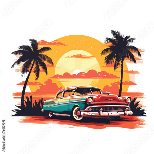 Summer vacation retro car sunset tropical beach ret