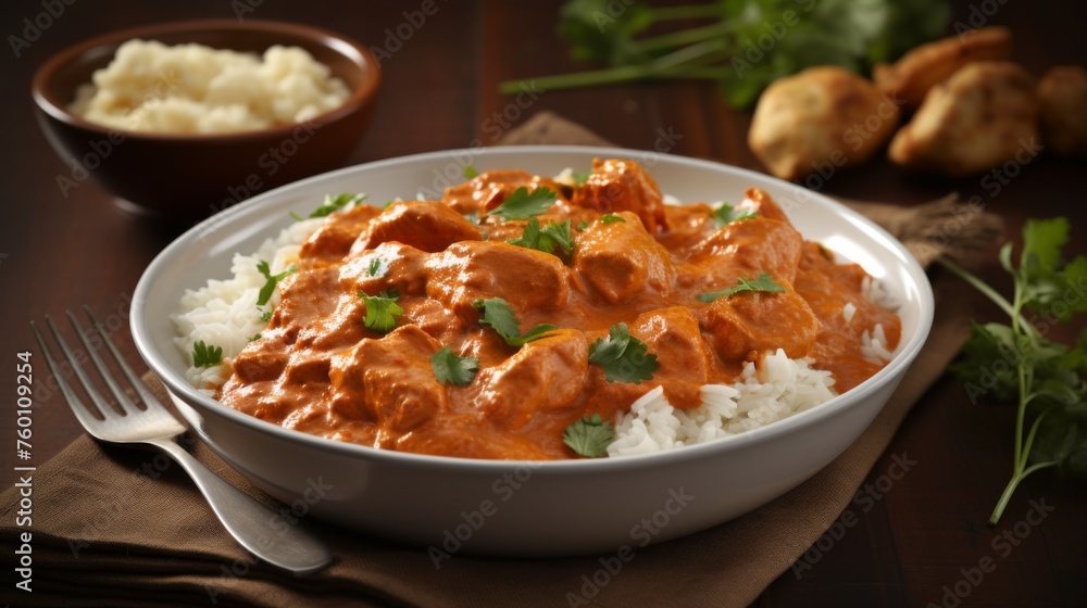 A classic butter chicken dish served with rice, a staple in Indian cuisine, on wooden background