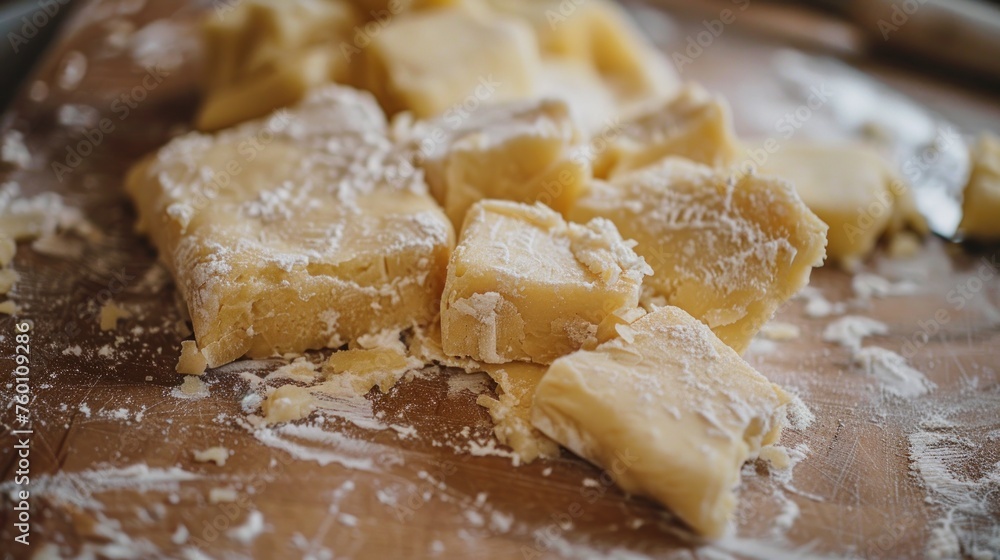 Close up pieces of dough divided with flour before cooking on the stone table. AI generated image Close up pieces of dough divided with flour before cooking on the stone table. AI generated image