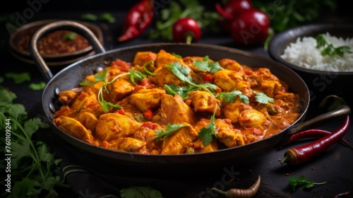 Spicy chicken tikka masala freshly prepared, served in a black pan with a side of tomatoes and chilies