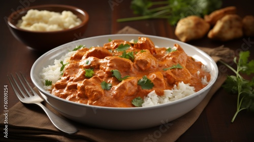 A classic butter chicken dish served with rice, a staple in Indian cuisine, on wooden background