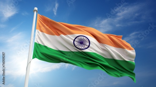 The bold Indian flag waves proudly, showcasing the Ashoka Chakra, against the bright blue sky backdrop