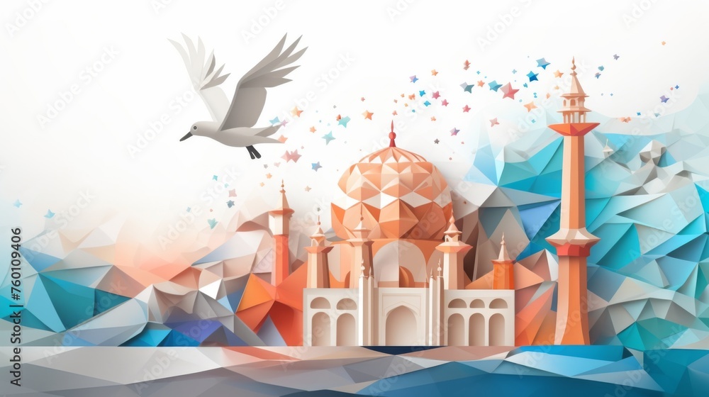 A picturesque low poly design depiction of the iconic Taj Mahal in soothing colors featuring a flying dove and stars