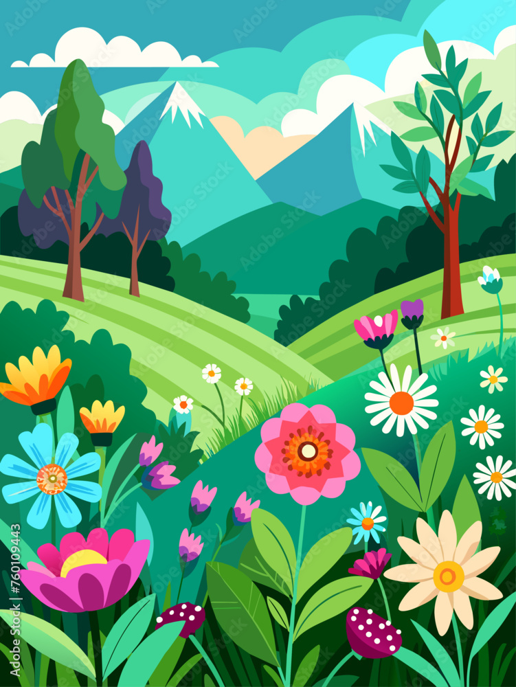 Flowers bloom in a lush meadow against a backdrop of rolling hills, creating a vibrant and serene landscape.