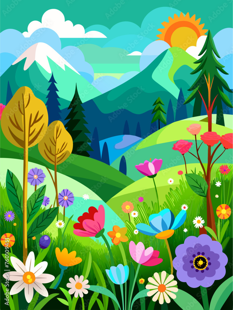 Fototapeta premium A serene floral landscape with vibrant blooms against a picturesque backdrop.
