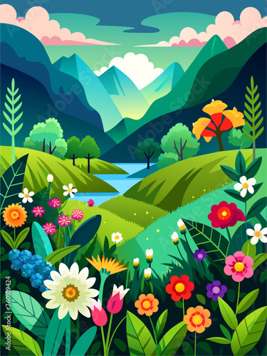 Floral Vector Landscape Background with a vibrant array of flowers and greenery creating a serene and picturesque scene. photo