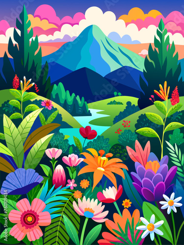 Floral vector landscape background features a lush garden setting with vibrant flowers and lush greenery. photo