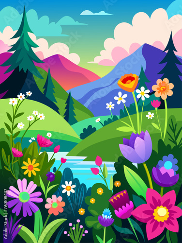 A serene floral landscape with vibrant blooms against a picturesque backdrop.