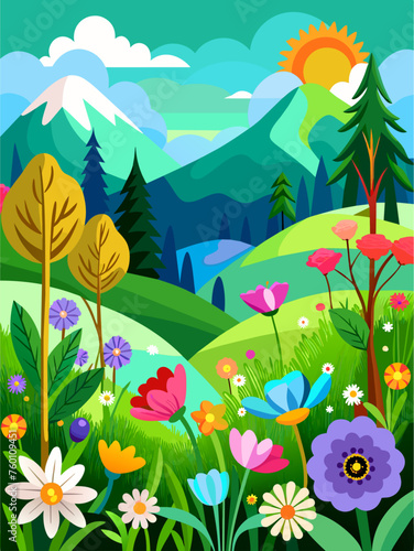 A serene floral landscape with vibrant blooms against a picturesque backdrop.