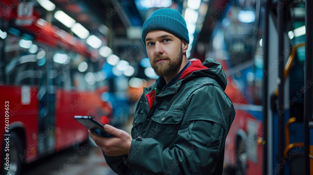 A male auto mechanic, with a tablet in hand, performs vehicle diagnostics in the car lot A male auto mechanic, with a tablet in hand, performs vehicle diagnostics in the car lot