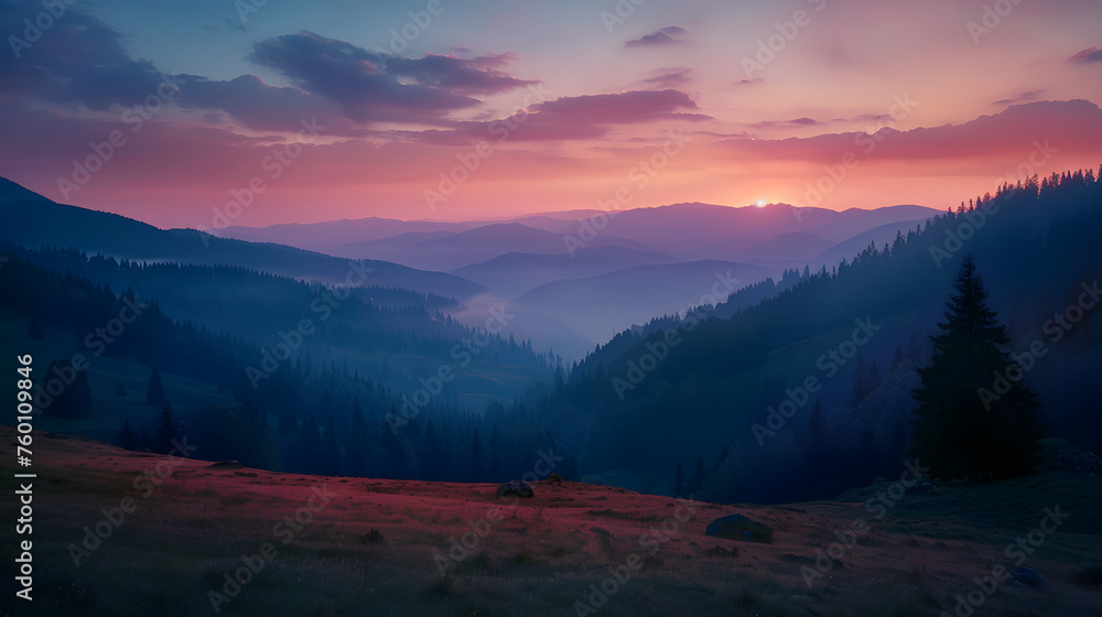 Sérénité au coucher du soleil : un paysage de montagne majestueux baigné d'une lueur chaude alors que le soleil plonge sous l'horizon