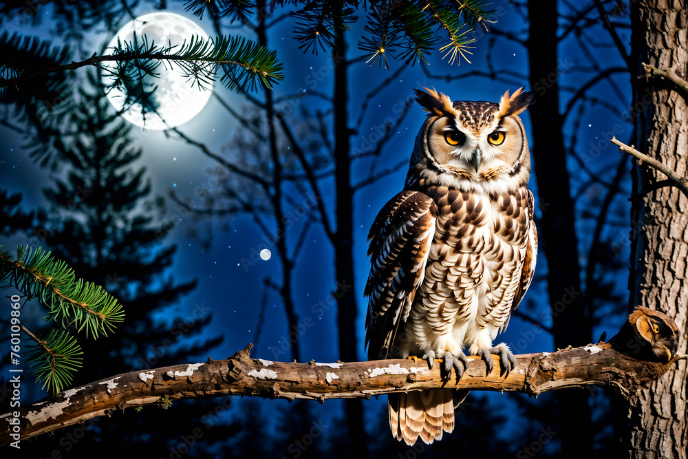 eine eule bei nacht im wald mit vollmond - ki generierte illustration eine eule bei nacht im wald mit vollmond - ki generierte illustration