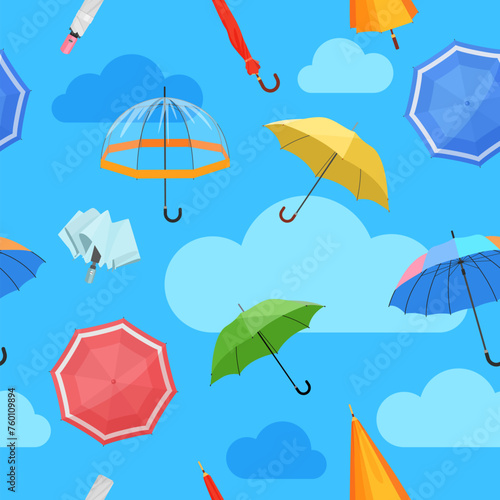Closed and open umbrellas seamless pattern. Cute waterproof parasols with autumn and spring rain and storm, colorful modern umbrellas for rainy weather cartoon vector illustration © lembergvector