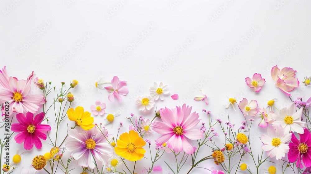 Beautiful pink and yellow flowers various arrangement copy space on white background. AI generated