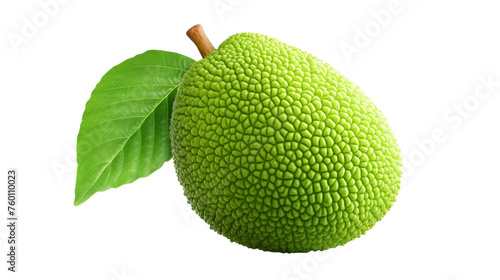 A vibrant green fruit with a leaf resting gracefully on a pristine white background