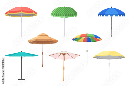 Open beach umbrellas set. Cute parasol collection for tropical sea summer holidays, outdoor garden or travel pool accessory for hot sun protection and shade summertime cartoon vector illustration photo