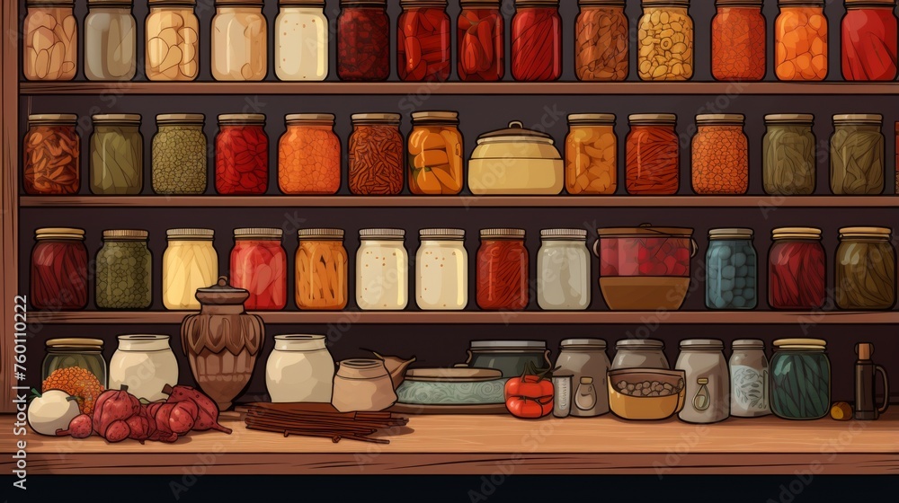 Warm, inviting illustration of pantry shelves full of various colorful food jars and containers - obrazy, fototapety, plakaty 