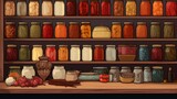 Warm, inviting illustration of pantry shelves full of various colorful food jars and containers