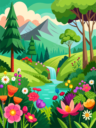 Blooming flowers and lush greenery create a captivating vector landscape background.