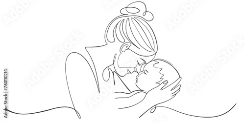Mother and baby line art. Mom hugs child. Motherhood and newborn concept. Happy mother line vector illustration. Parent loving kid, happy mother day design for card