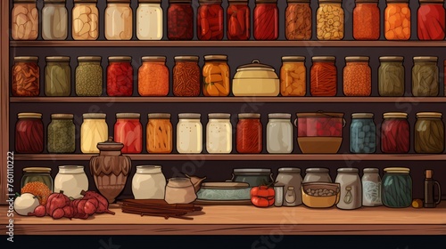 Warm, inviting illustration of pantry shelves full of various colorful food jars and containers