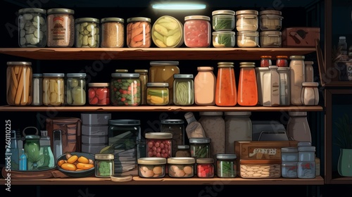 A warm, homey image showcasing shelves filled with various preserved vegetables and fruits in jars