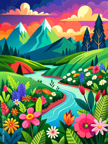 Blooming flowers and lush greenery create a captivating vector landscape background. photo