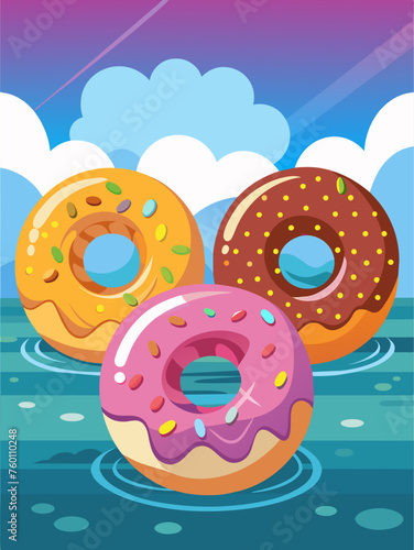 Scrumptious donuts arranged on a refreshing blue water background, capturing the essence of summer indulgence.