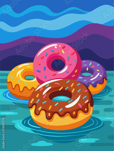 Scrumptious donuts rest on a refreshing blue water backdrop.