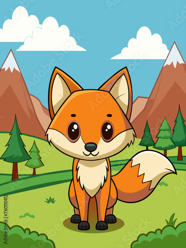 A cute fox frolics amidst a breathtaking landscape of lush greenery and rolling hills.
