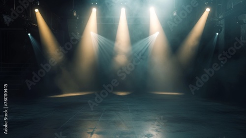Stage beams cut through the darkness and fog, casting shadows and setting a somber tone for an emotionally charged performance photo