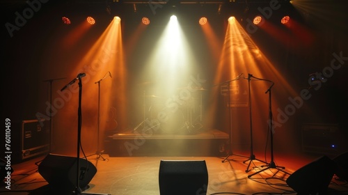 A cozy scene of warm stage lights focused on an unoccupied concert stage with musical instruments