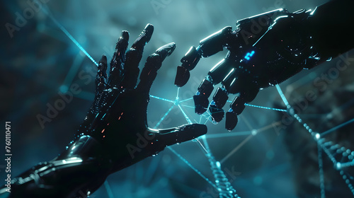 Fusion innovante : les mains de l'homme et de l'IA convergent vers une connexion réseau Big Data, embrassant la science, l'intelligence artificielle et la technologie futuriste photo