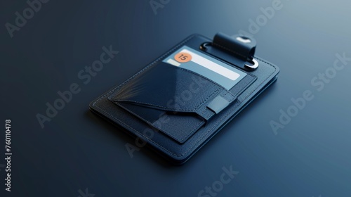 A modern ID badge wallet in navy blue with textured design, featuring a card and orange detail photo