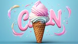 Dynamic close-up of a pink ice cream cone with a splash effect and stylized text caption